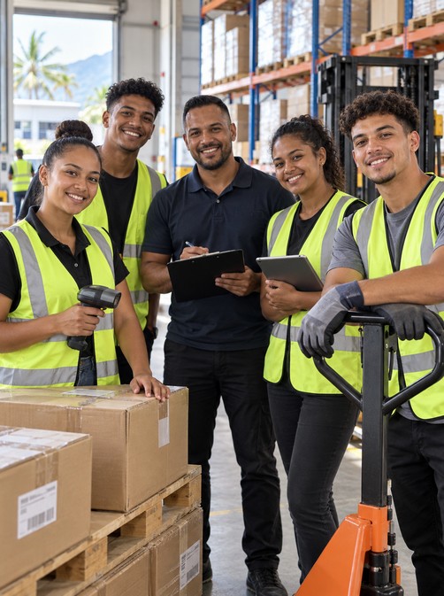 Étudiants en formation logistique en alternance dans un entrepôt à La Réunion