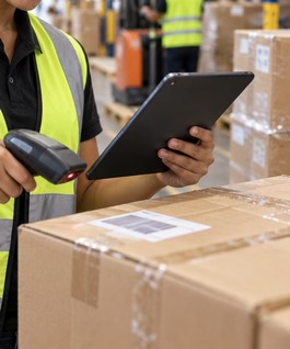 Opératrice en logistique scannant un colis dans un entrepôt à La Réunion