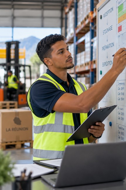 Technicien en logistique organisant les flux d’un entrepôt à La Réunion
